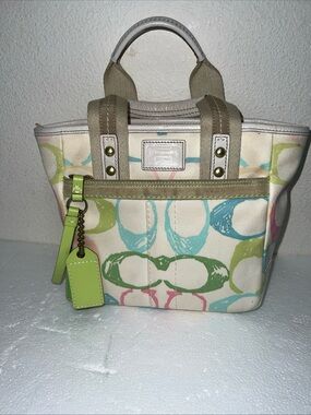 Coach y2k Mini Tote in Cream Canvas with Lime, Aqua, Pink and Tan Accents